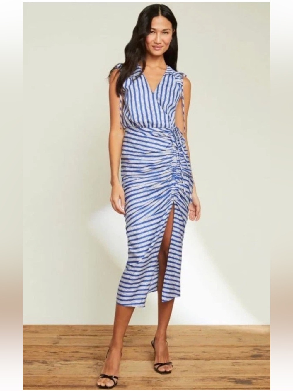Veronica Beard Linen Teagan Blue Stripe Ruched Midi Dress 2 Resort Wear Luxury